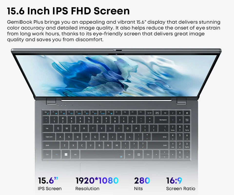 GemiBook Plus Laptop 15.6" Intel N100 Graphics for 12th Gen 1920*1080P 16GB RAM 512GB SSD With Cooling Fan Windows 11