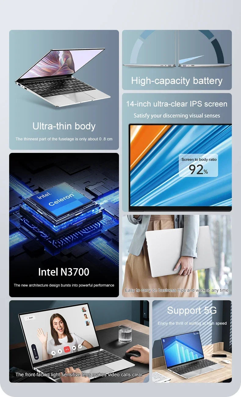 Ultra Slim Laptop 16GB RAM 2TB SSD Intel N3700 Notebook Gamer  1920*1080  Display Office Study Computer PC Windows 11 Pro