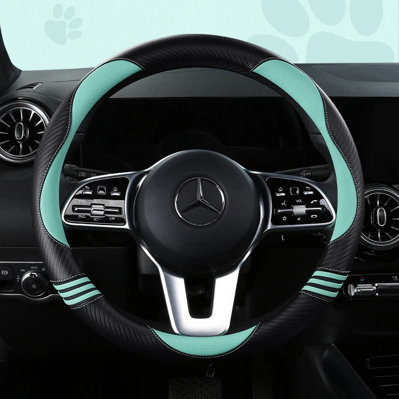 New Cartoon Cat Carbon Fiber Steering Wheel Cover  Durable Leather Cover with Anti-Slip Lining, Fit for 14.5"-15"