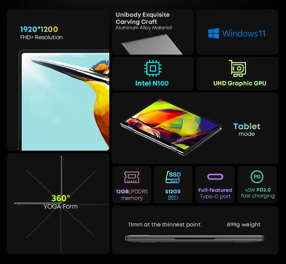 MiniBook X Laptop Tablet 2 In 1 Intel N100 /N5100 10.51" FHD IPS Screen 12GB LPDDR5 512G SSD Windows 11 Notebook 1200*1920