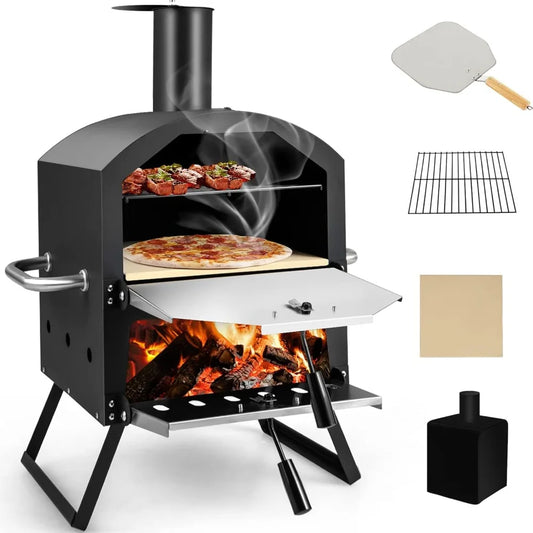 Giantex Outdoor Pizza Oven Wood Fired, 2-Layer Pizza Maker with Stone,Peel, Removable Cooking Rack