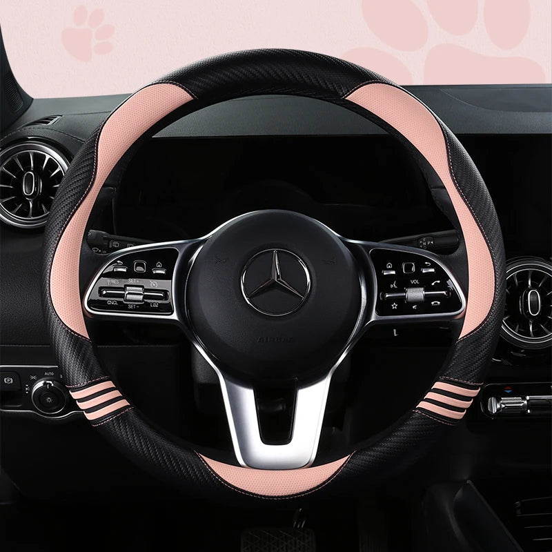 New Cartoon Cat Carbon Fiber Steering Wheel Cover  Durable Leather Cover with Anti-Slip Lining, Fit for 14.5"-15"