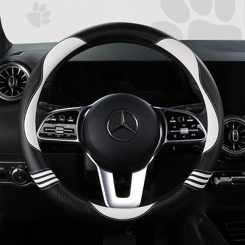 New Cartoon Cat Carbon Fiber Steering Wheel Cover  Durable Leather Cover with Anti-Slip Lining, Fit for 14.5"-15"