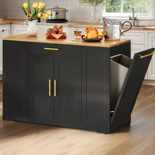 Large Rolling Kitchen Island with Trash