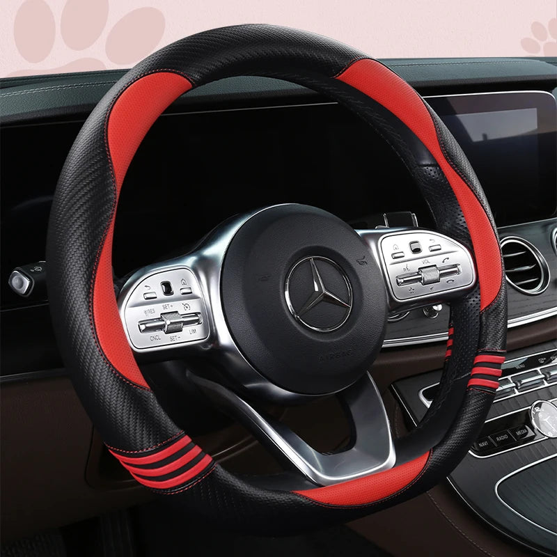 New Cartoon Cat Carbon Fiber Steering Wheel Cover  Durable Leather Cover with Anti-Slip Lining, Fit for 14.5"-15"