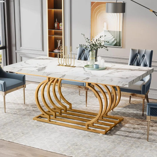 Faux Marble Wood Kitchen Table for 6 People