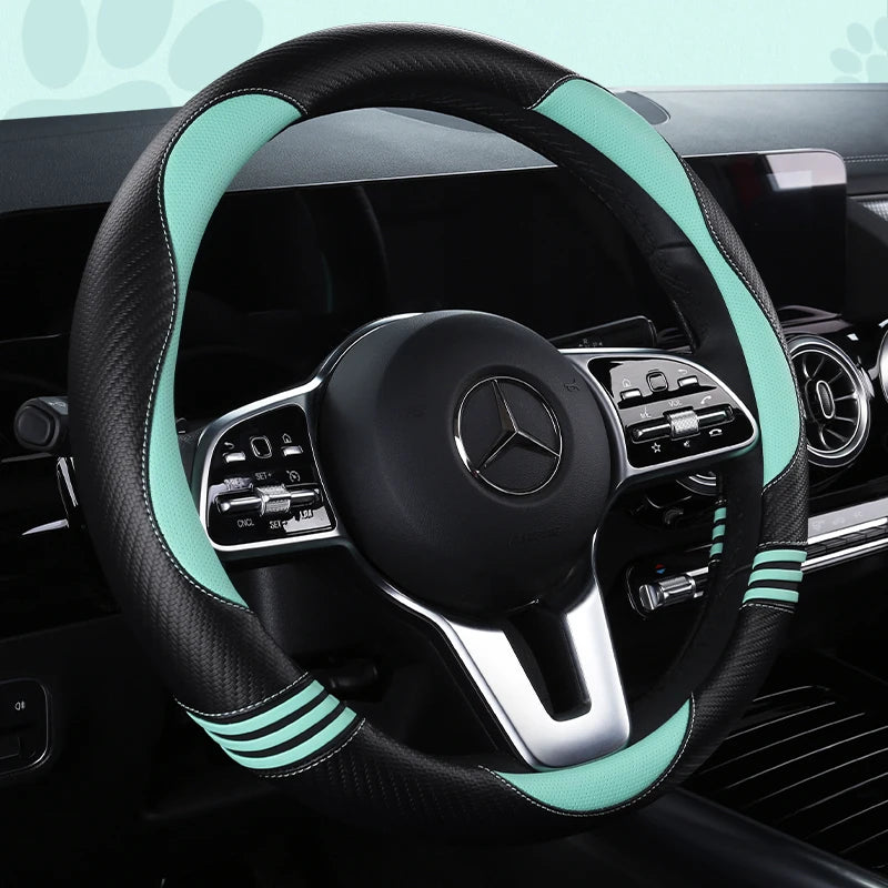 New Cartoon Cat Carbon Fiber Steering Wheel Cover  Durable Leather Cover with Anti-Slip Lining, Fit for 14.5"-15"