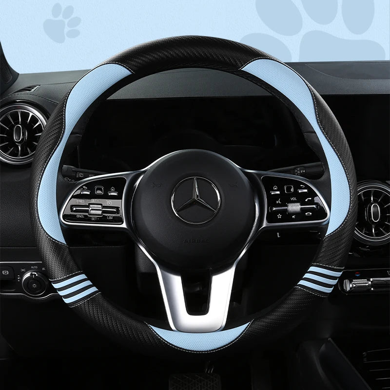 New Cartoon Cat Carbon Fiber Steering Wheel Cover  Durable Leather Cover with Anti-Slip Lining, Fit for 14.5"-15"