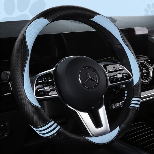 New Cartoon Cat Carbon Fiber Steering Wheel Cover  Durable Leather Cover with Anti-Slip Lining, Fit for 14.5"-15"