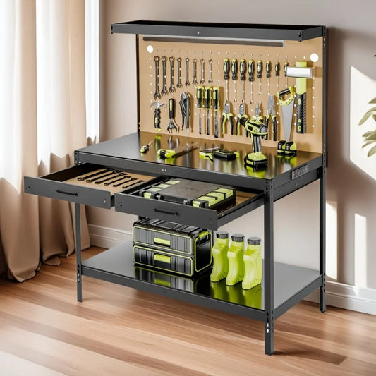 Heavy-Duty Steel Workbench with Wood Top