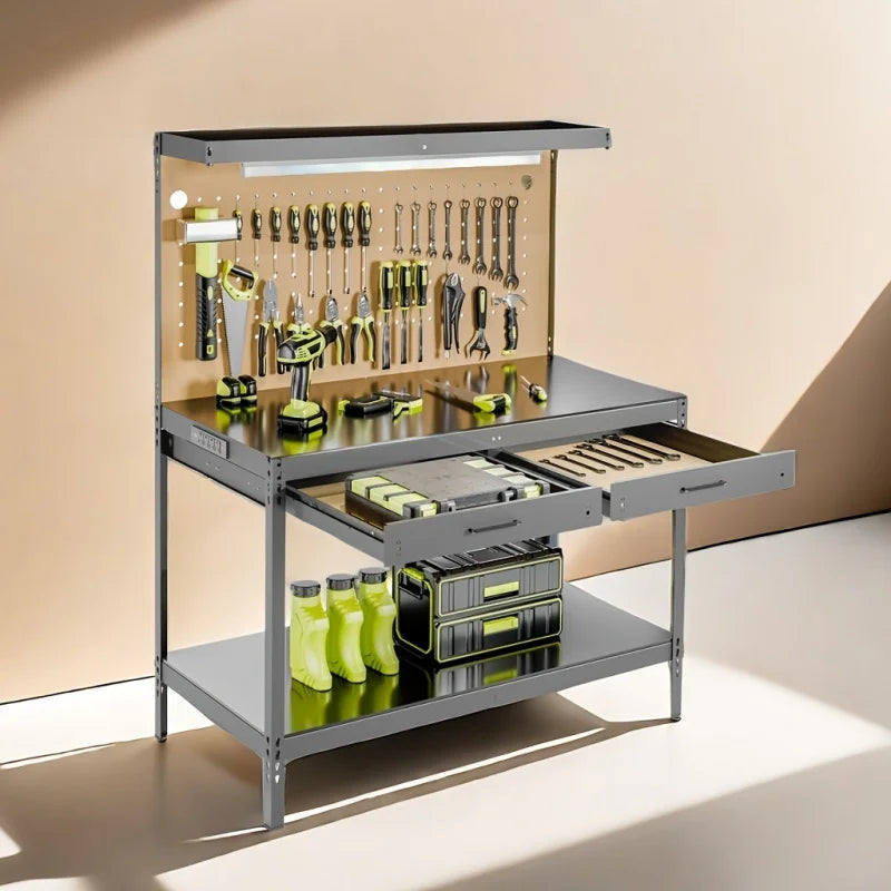 Heavy-Duty Steel Workbench with Wood Top