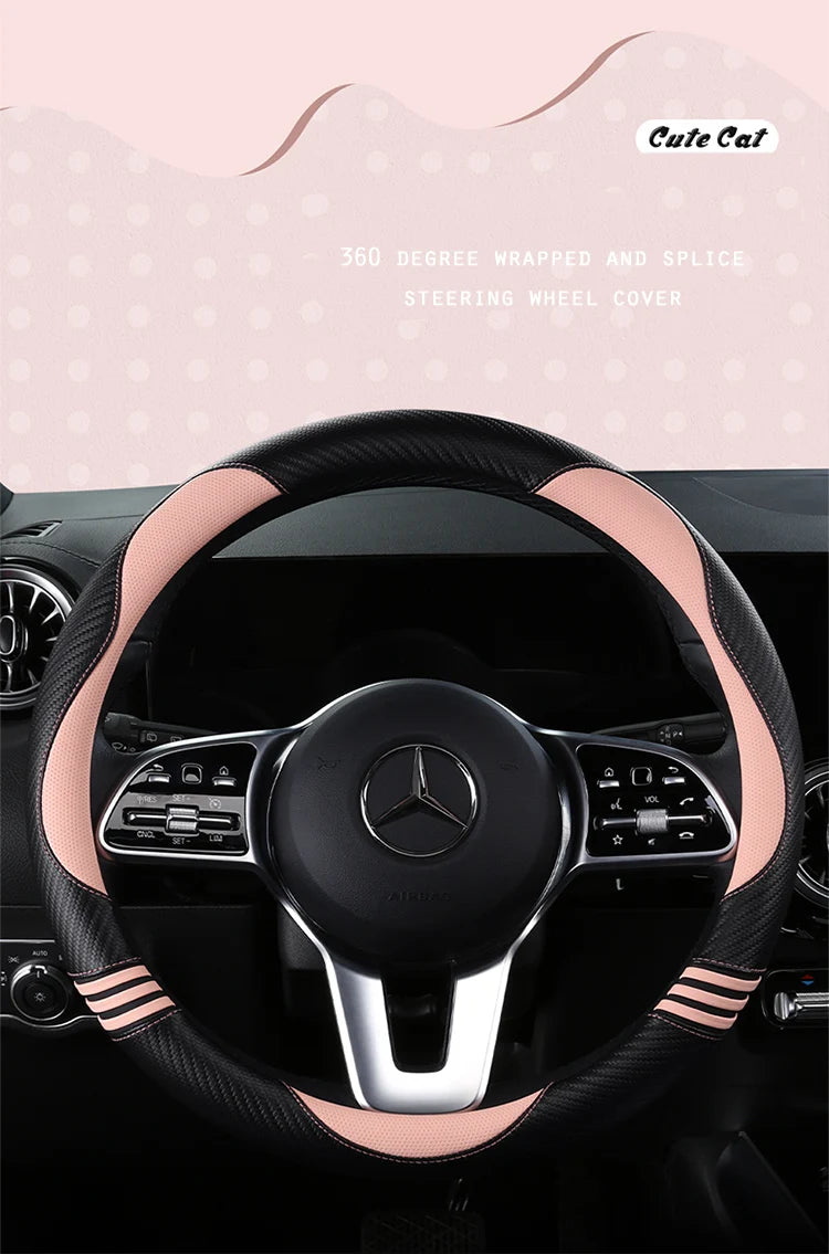 New Cartoon Cat Carbon Fiber Steering Wheel Cover  Durable Leather Cover with Anti-Slip Lining, Fit for 14.5"-15"