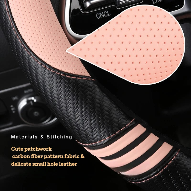 New Cartoon Cat Carbon Fiber Steering Wheel Cover  Durable Leather Cover with Anti-Slip Lining, Fit for 14.5"-15"