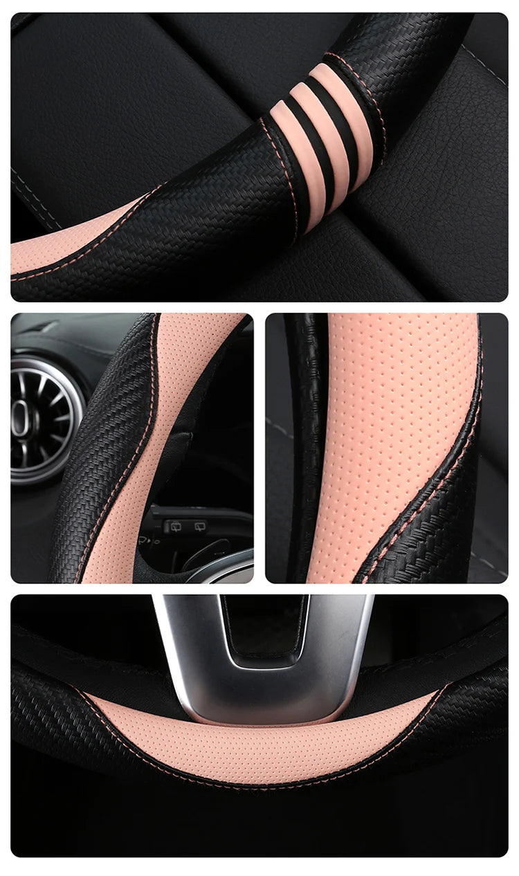 New Cartoon Cat Carbon Fiber Steering Wheel Cover  Durable Leather Cover with Anti-Slip Lining, Fit for 14.5"-15"