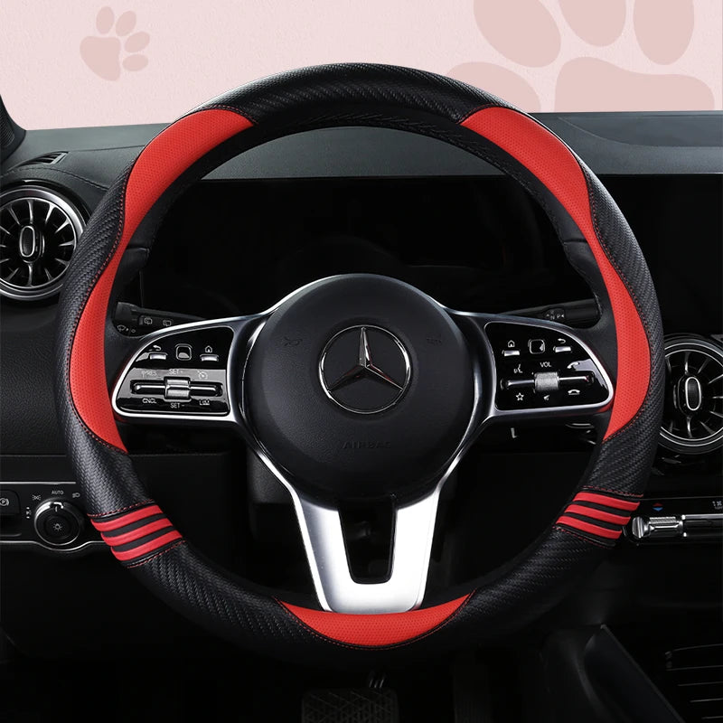 New Cartoon Cat Carbon Fiber Steering Wheel Cover  Durable Leather Cover with Anti-Slip Lining, Fit for 14.5"-15"